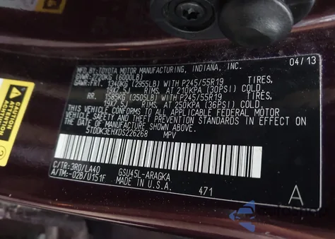 2013 Toyota Highlander Limited V6 z USA, uszkodzony, nr VIN 5TDDK3EHXDS226268